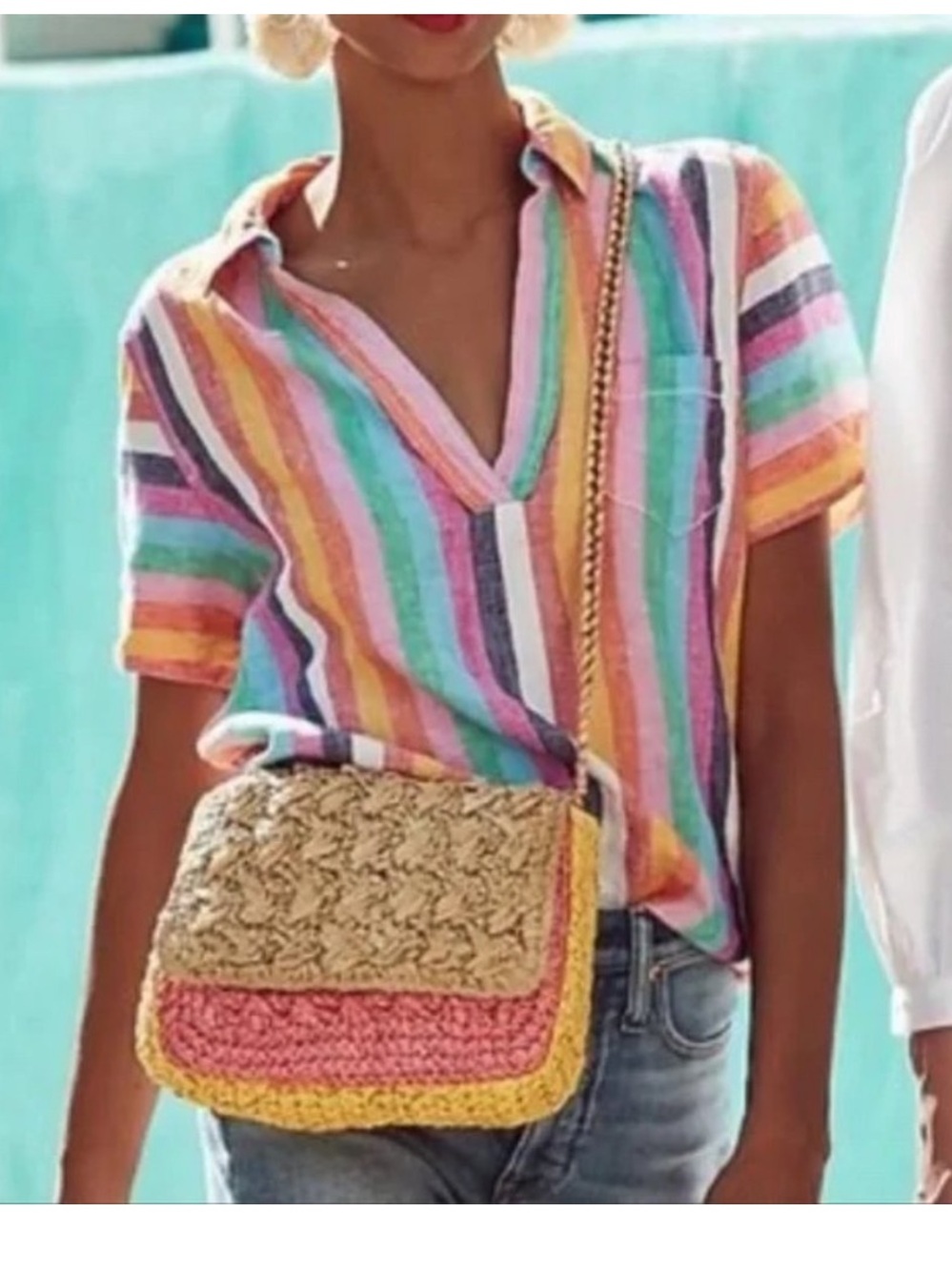 J Crew Linen popover Top Rainbow Stripe Large